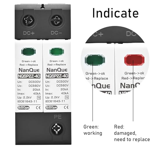 DC SPD Surge Protector for 100V-1000V PV Systems, 2-Pole 40kA T2 Level, Replaceable Module, Solar Panel Lightning Protection, Overvoltage Protection (800V)