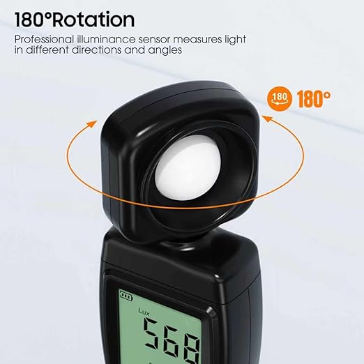 Digital Illuminance Light Meter, 0~200,000 Lux Range with 180º Rotating Sensor Light Meter Foot Candles, Backlight LCD Display, Handheld Light Meter for Plants, Photography, Indoor, Film Camera