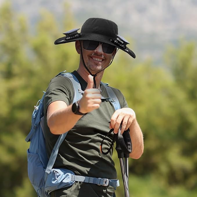 Fishing Hats with Sunglasses, Wide Brim Sun Hat with 2 Solar Fan, USB & Solar Powered Fishing Hats, Solar Fan Hats UPF 50+