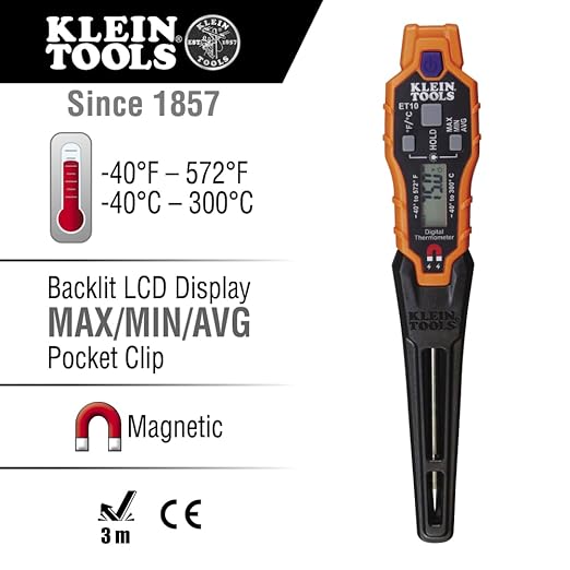 Klein Tools ET10 Magnetic Digital Pocket Thermometer, HVAC Instant Read Thermometer with Backlit Display, Wide Measurement Range, Fahrenheit and Celsius