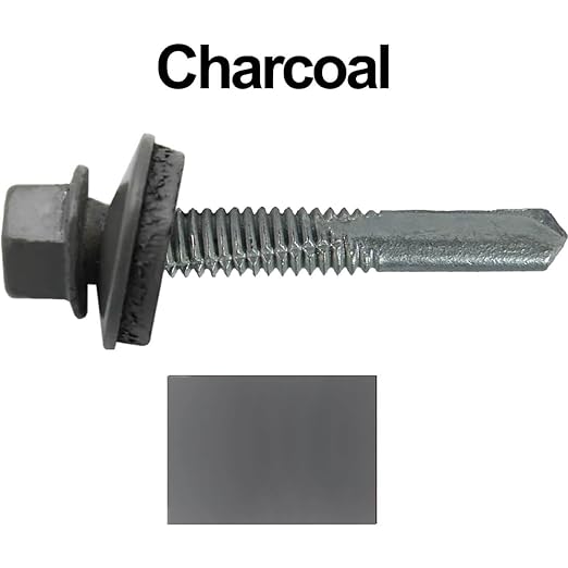 12 x 1-1/2" Charcoal Type 5 Drill Point Roofing Screws - Hex Washer Head - Self-Starting/Tapping - EPDM Washer 1 x 250 Count Bag - 250 Screws