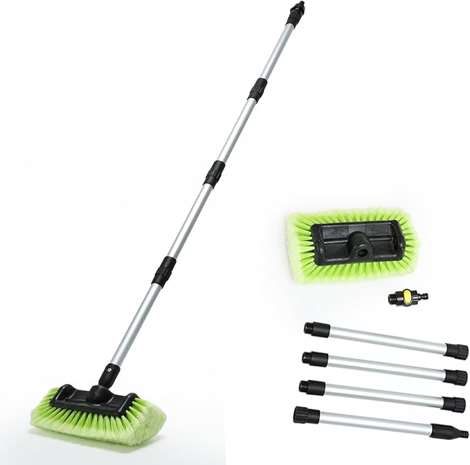 Forgrace Car Wash Brush 12" with Long Handle 60 Inch, Soft Bristle Scrub Brush for Car, Truck, Boat, RV, House Siding, Deck Camper Exterior Washing Cleaning Tool Green
