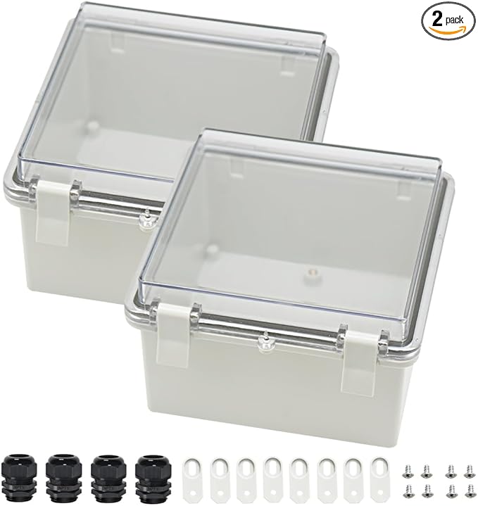Zulkit 2pcs Junction Box ABS Plastic Dustproof Waterproof IP65 Electrical Boxes Hinged Shell Outdoor Universal Project Enclosure Clear Cover with 2 Cable Glands 5.9 x 5.9 x 3.5 inch (150x150x90 mm)