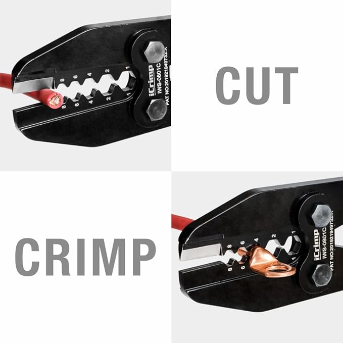 iCrimp Heavy Duty Copper Lug Crimping Tool, for AWG 8,6,4,2,1 Gauge Battery Cable Ring Terminal Ends with Built-in Cable Cutter
