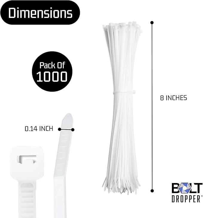 Bolt Dropper 8 Inch 1000 White Zip Cable Ties 40lbs Tensile Strength - Secure Projects with Confidence: Heavy Duty, Self-Lock Premium Nylon Cable Wire Ties for Indoor Outdoor Use