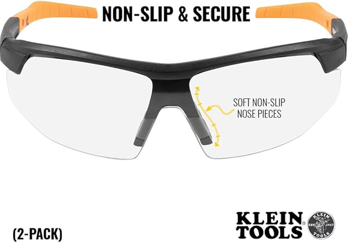 KLEIN TOOLS 60171 Safety Glasses, PPE Protective Eyewear with Semi Frame, Scratch Resistant and Anti-Fog, Clear Lens, 2-Pack
