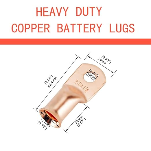 10Pcs 2/0 AWG 1/4" Stud Heavy Duty Battery Ring Terminal 2/0 Gauge Wire Connectors 2/0 AWG Battery Cable lugs 1/4 Bare Copper Wire Lugs