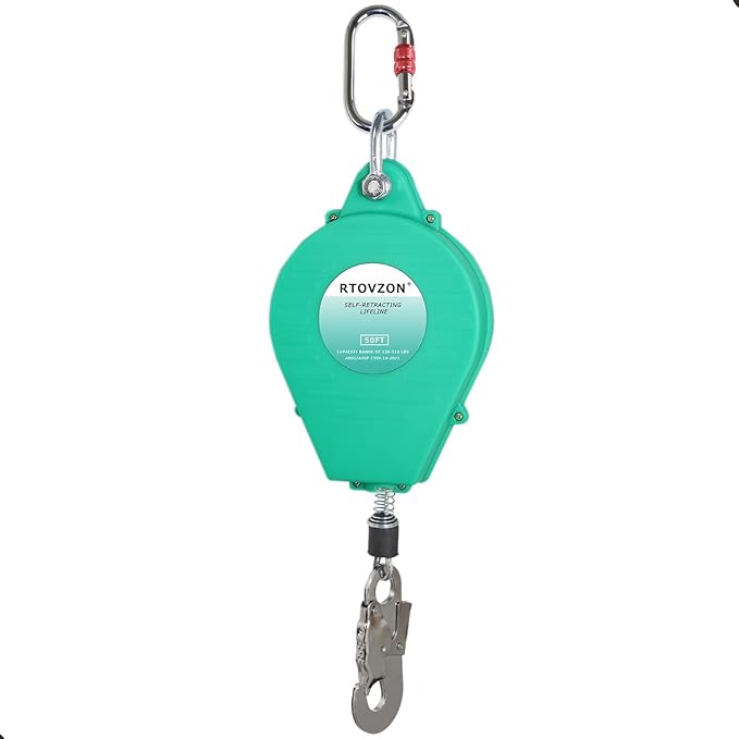 50FT Self Retracting Lifeline Fall Arrest RTOVZON Fall Protection Steel Wire Rope Heavy Duty Retractable Lanyard, Safety Lanyard, Roofing Lifeline, SRL