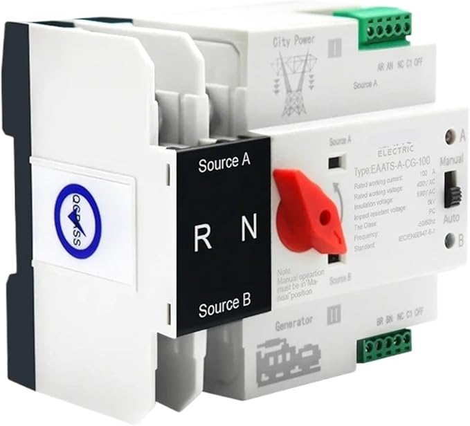 Dual Power Automatic Transfer Switch Single Phase Din Rail ATS PV 2P 4P 100A AC 110V 220V Dual Power Automatic Transfer Electrical Selector Switches Uninterrupted(City Grid-PV Energy,4P AC 110V)