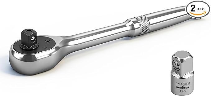HORUSDY 1/4" Drive 90-Tooth Quick-Release Ratchet Handle with 1/4" to 3/8" Adapter, Reversible Thin Profile Socket Wrench, 4° Swing Arc, Ergonomic Anti-Slip Grip, Ideal for Auto, Bike & Home Repair