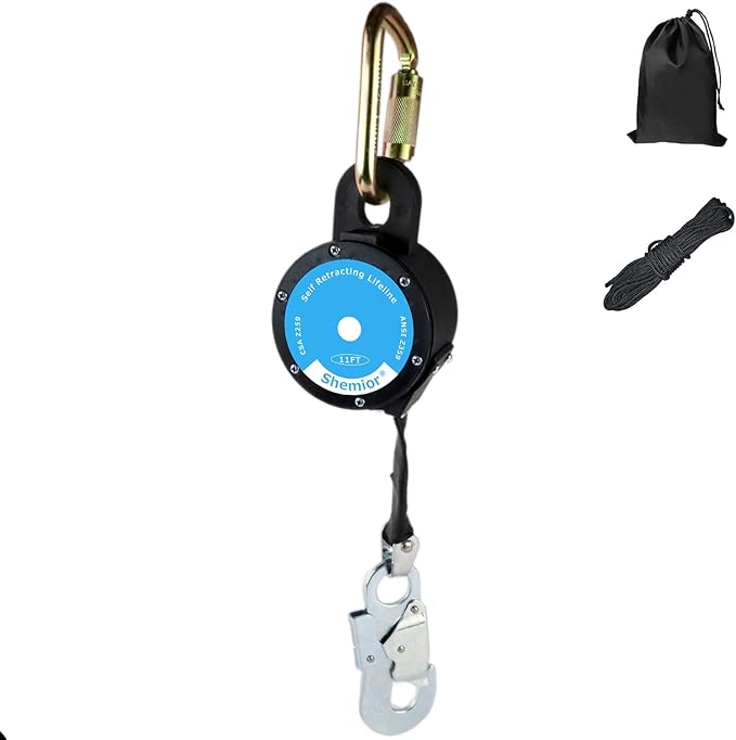 11FT Shemior Web Self Retracting Lifeline, No Tangle Lightweight Housing SRL, Self Retractable Safety Lanyard, Fall Arrest Protection PPE Gear for Roofing Construction, OSHA/ANSI Compliant