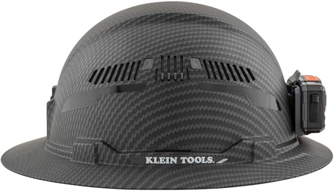 Klein Tools 60347 Hard Hat, Vented Full Brim, Class C, Premium KARBN Pattern, Rechargeable Lamp, Padded Sweat-Wicking Sweatband, Top Pad