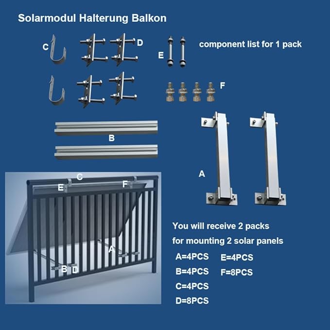 Solar Panel Mounting Brackets Hooks Balcony Railing Holder Power Station Holder for 2 Solar Panels Tilt Angle 0°20-30°