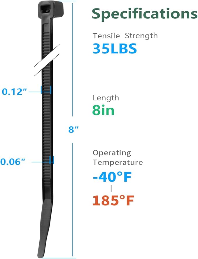 8 Inch Black Zip Ties (1200 Pack), 35 LBS Tensile Strength, Self-Locking Nylon PA66 UV Resistant Cable Ties for Indoor and Outdoor Use