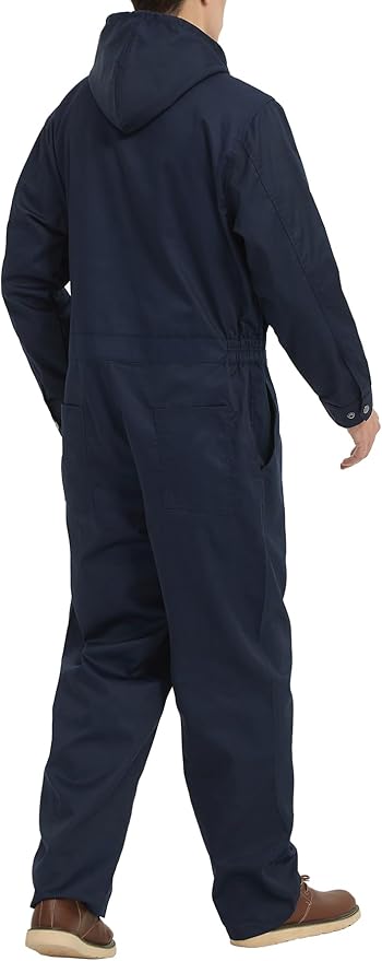 Mens Cotton Blend Long Sleeve Coverall Multi Pockets Zip Overall Mechanic Work Jumpsuit with Hood