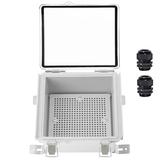 Zulkit Junction Box IP67 Waterproof Electrical Box Hinged Clear Cover Stainless Steel Latch Plastic Enclosure for Project w Mounting Plate Wall Bracket and 2 Cable Gland 5.9"x5.9"x3.5"/150x150x90mm