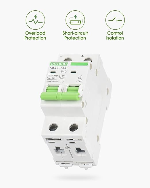 12V-110V DC Miniature Circuit Breaker, 40 Amp 2 Pole Battery Breaker Protector for Solar PV System and RV, Thermal Magnetic Trip, DIN Rail Mount, Chtaixi DC Disconnect Switch B40