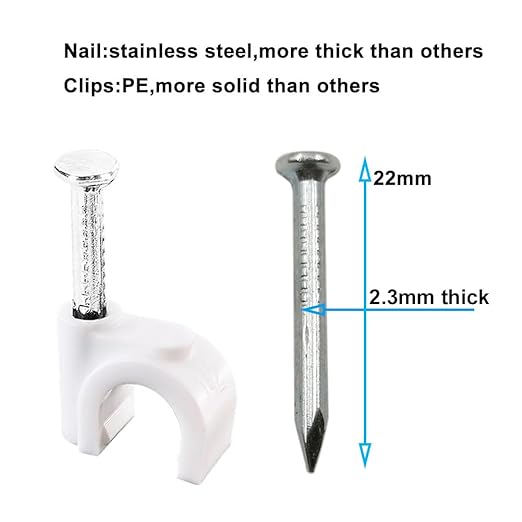 HS Cable Clips 8mm with Steel Nail 200 Pieces White,Ethernet Management U Shaped Wire Cord Staples Hooks for Outdoor Wall,Coax Cat7 RG8 Cable Extension Fasteners
