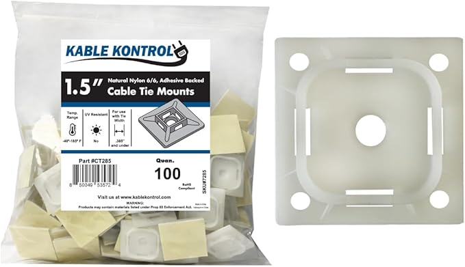 Kable Kontrol Zip Tie Mounts, 1-1/2” Sq, Natural White, 100 Pcs, Adhesive Backed Multi-Purpose Mounting Squares Nylon Cable Tie Wrap Anchor Pads for Cable Management