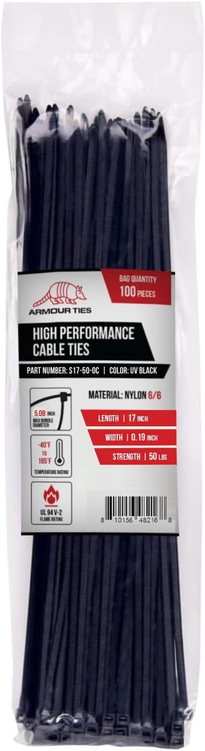 17-inch Black Zip Ties Heavy Duty UV Resistant Nylon Cable Ties, 50lb Tensile Strength, 100-Pack - Durable Wire Ties, Heavy Duty Tie Straps Indoor and Outdoor Cable Management Solution by ARMOUR TIES