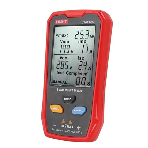 UNI-T UT673PV Solar Panel Tester, Solar MPPT Meter, 800W Photovoltaic Module Maximum Power Tester, Intelligent Manual/Auto MPPT Test, Large LCD and Multiple Result Displays