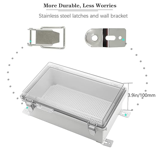 Zulkit Junction Box,IP67 Waterproof Electrical Box Hinged Clear Cover Stainless Steel Buckle Plastic Enclosure for Project w Mounting Plate Wall Bracket and 2 Cable Gland 10.2 x 6.3 x 3.9 Inch