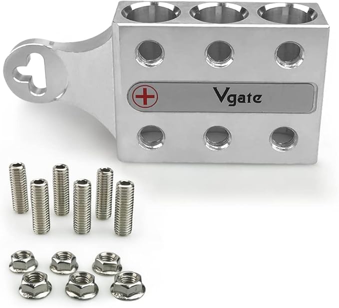 Vgate 12-Way Post Terminal Distribution Block Bus Bar, 8AWG up to 4/0(XL) AWG Gauge, for Lithium or AGM Lead Acid Battery with Bolt Down Ends or Threaded Studs, M5 or M4