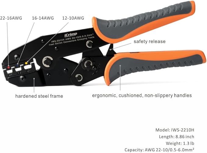 iCrimp Ratcheting Crimping Tools, Heat Shrink Connectors Crimper, AWG22-10 Wire Terminals Crimper Tool for Insulated Nylon Connectors and Electrical Wire Connectors