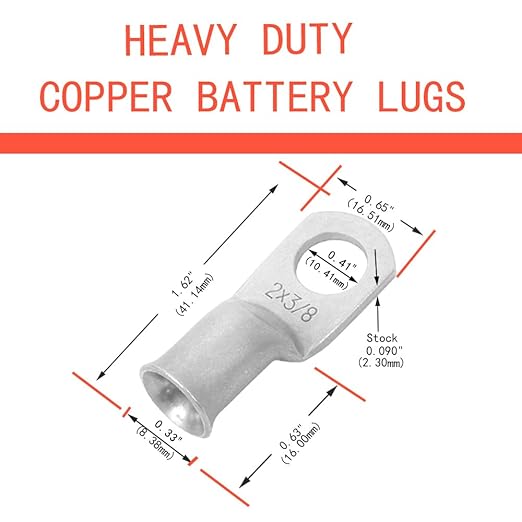 2 AWG 3/8" Stud (25 pcs.), Heavy Duty Tinned Battery Ring Terminal 2 Gauge Wire Connectors 2 AWG Copper Wire Lugs