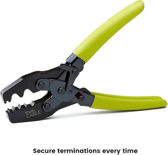 TRUE CABLE External Ground Crimping Tool for Shielded RJ45 Connectors, Dual Crimp Cavities, Carbon Steel, Non-Slip Ergonomic Handle, Terminal Crimper with Latch Mechanism