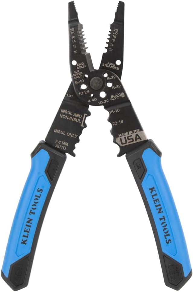Klein Tools 1025 Long Nose Multi-Purpose Wire Stripper, Made in USA Professional Electrician Tools, Crimping Tool, Cable Stripper for 10-20 AWG Solid, 12-22 AWG Stranded Wire