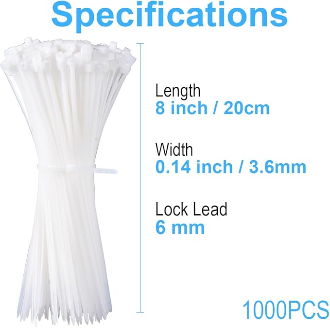 White Zip Ties 8 Inch 1000 Pack, 40 lbs Nylon Cable Ties, Self Locking UV Resistant Wire Ties for Wreath Crafts, DIY, Decor, Indoor Outdoor, Home and Garden