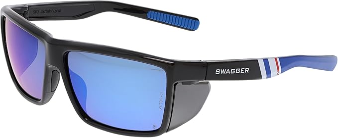 MCR Safety SR238BZDC Swagger SR2 Series Safety Glasses with Thermo Plastic Rubber Nose Pads and Detachable Side Shields, Black/Blue Frame, Blue Diamond Mirror MAX36 Polarized Lens