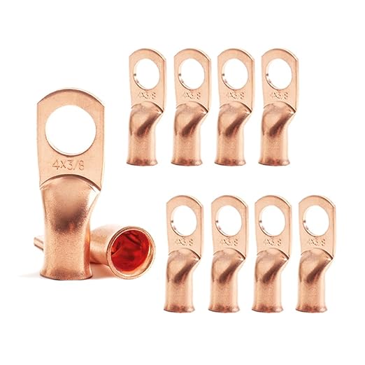 4 AWG 3/8" Stud (10 pcs.), Heavy Duty Bare Copper Ring Terminal 4 AWG Lugs 4 Gauge Battery Cable Lugs 4 Gauge Wire Connectors Copper Wire Lugs