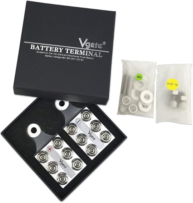 Vgate 12-Way Post Terminal Distribution Block Bus Bar, 8AWG up to 4/0(XL) AWG Gauge, for Lithium or AGM Lead Acid Battery with Bolt Down Ends or Threaded Studs, M8 or 5/16”-18