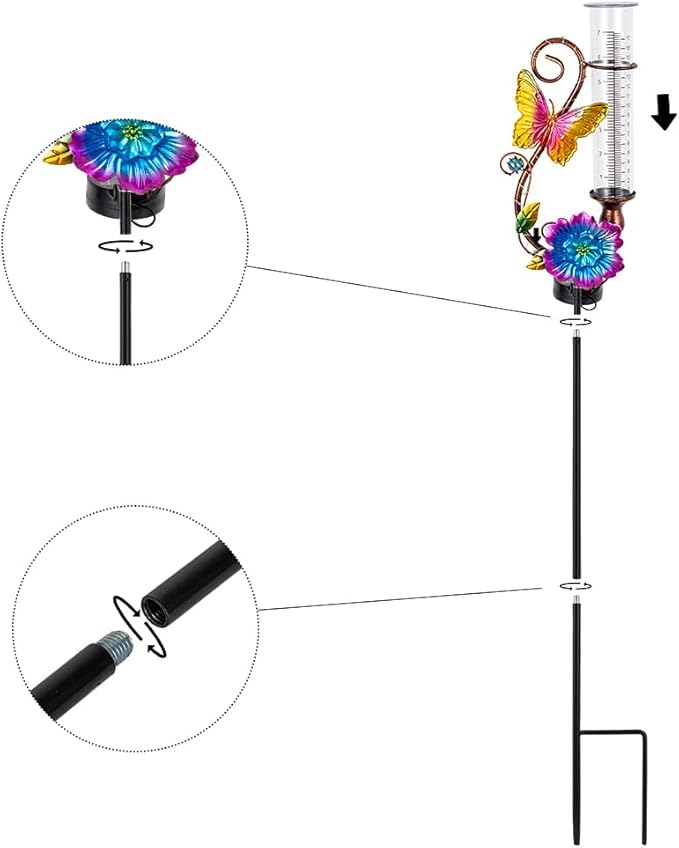 Butterfly Rain Gauge Outdoor, Solar Rain Gauge with Metal Stake, 7 Inch Tube Decorative Color Lights Rain Measure Gauge for Patio, Lawn, Garden