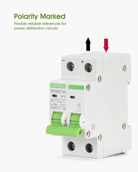 12V-110V DC Miniature Circuit Breaker, 10 Amp 2 Pole Battery Breaker Protector for Solar PV System and RV, Thermal Magnetic Trip, DIN Rail Mount, Chtaixi DC Disconnect Switch B10