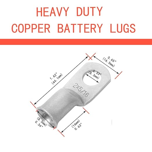 2 AWG 5/16" Stud (25 pcs.), Heavy Duty Tinned Battery Cable Lugs 2 Gauge Wire Connectors 2 AWG Copper Ring Terminals Copper Wire Lugs