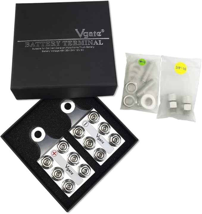 Vgate 12-Way Post Terminal Distribution Block Bus Bar, 8AWG up to 4/0(XL) AWG Gauge, for Lithium or AGM Lead Acid Battery with Bolt Down Ends or Threaded Studs, M10 or 3/8”-16