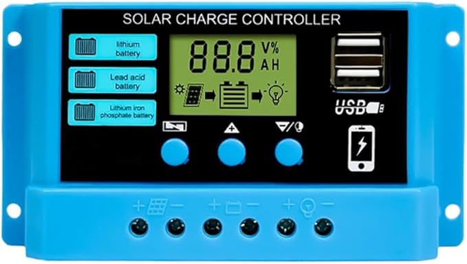 Solar Charge Controller 12V/24V 30A PWM Solar Charge Controller Regulator with LCD Display, Dual USB Ports 5V Output , for Lithium, Sealed, Gel Batteries