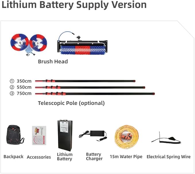 Solar Panel Cleaning Brush and Roller, 24FT Water Fed Pole Cleaning Kit, Adjustable Extension Pole, Window Washing Cleaner Equipment Kit, with Lithium Battery