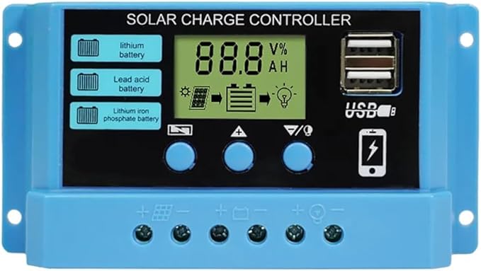 Solar Charge Controller 12V/24V 30A PWM Solar Charge Controller Regulator with LCD Display, Dual USB Ports 5V Output , for Lithium, Sealed, Gel Batteries