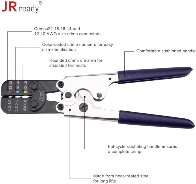JRready ACT-AD10 Ratcheting Crimping Tool, 22–10 AWG Wire Crimper for Heat Shrink Butt Connectors & Insulated Terminals, Oval Crimp Die, Full-Cycle Ratchet for Marine/Automotive/RV Wiring