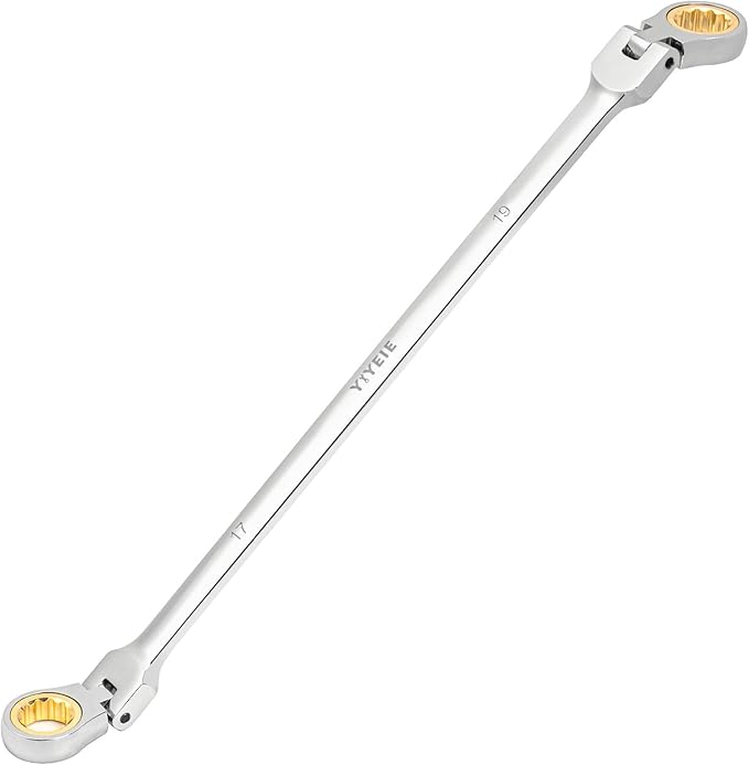 17 * 19 mm Extra Long Flex-Head Ratcheting Wrench, Metric, 72-Tooth Double Box End Long Handle Ratchet Wrench, CR-V Steel with Mirror Finish Labor-Saving Spanner