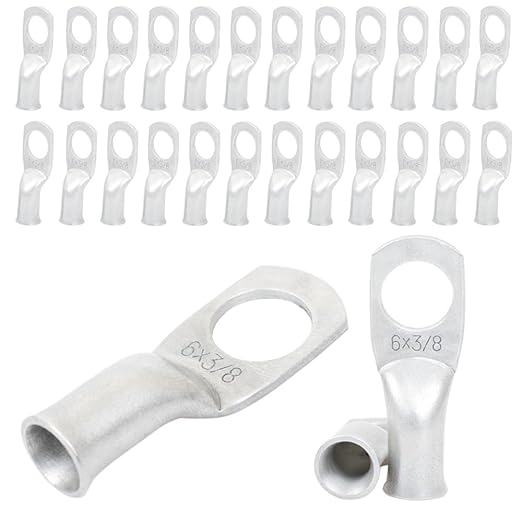 6 AWG 3/8" Stud (25 pcs.), Heavy Duty Tinned Battery Cable Lugs 6 Gauge Wire Connectors 6 AWG Ring Terminals Copper Wire Lugs Bare Copper Eyelets