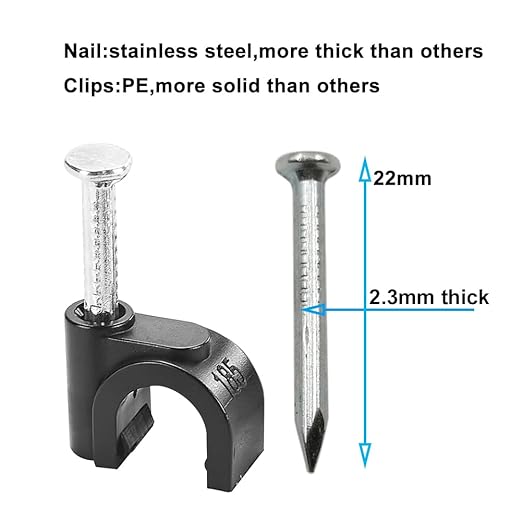 HS Cable Clips 8mm with Steel Nail 200 Pieces Black，Ethernet Management U Shaped Wire Cord Staples Hooks for Outdoor Wall,Coax Cat7 RG8 Cable Extension Fasteners