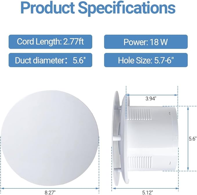 WiseWater Bathroom Round Exhaust Fan, 110V ac 140CFM 6'' Duct 8.3" Panel ABS Vent Fan Wall-mounted Extractor Fan with Accessories for Bathroom, Laundry Room, Office