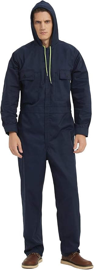 Mens Cotton Blend Long Sleeve Coverall Multi Pockets Zip Overall Mechanic Work Jumpsuit with Hood