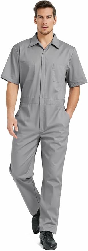 TopTie Men's Short-Sleeve Coverall Work Jumpsuit Lightweight with Zipper Front Elastic Waist