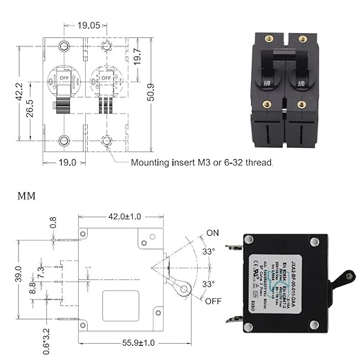 Double Pole 15 Amp AC/DC Toggle Magnetic Circuit Breaker 15A